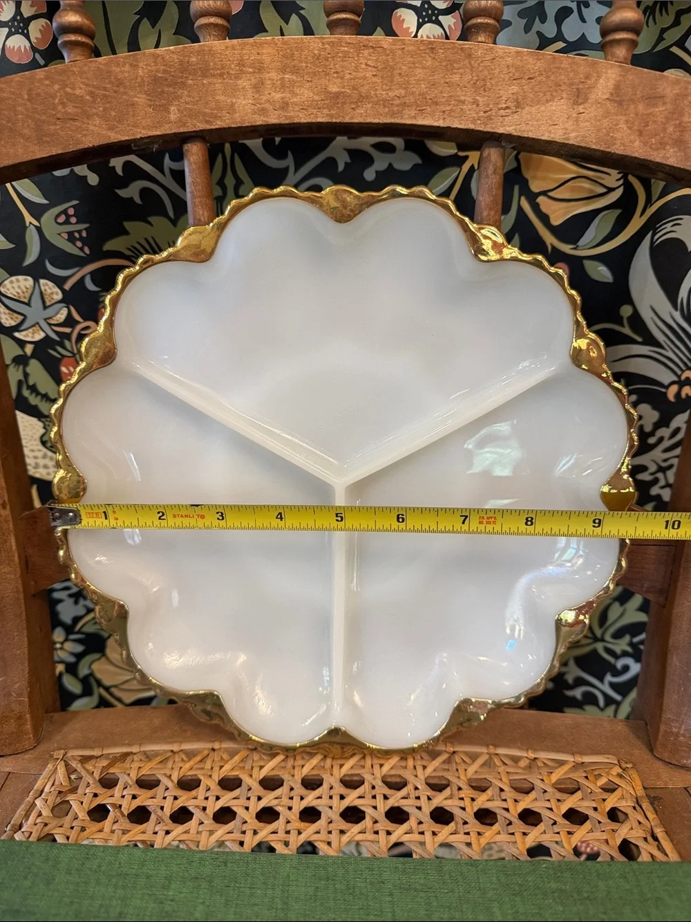 Anchor Hocking Milk Glass Divided Relish Dish 22k Gold Trim Scalloped Edge